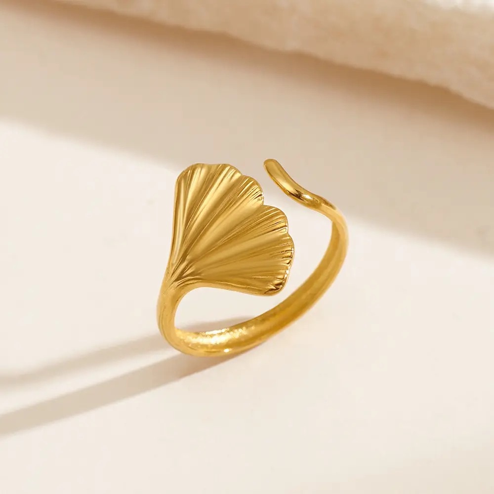 Leaf Ring French Vintage Opening Adjustable 18K Gold Plated Titanium Steel Leaf Ring